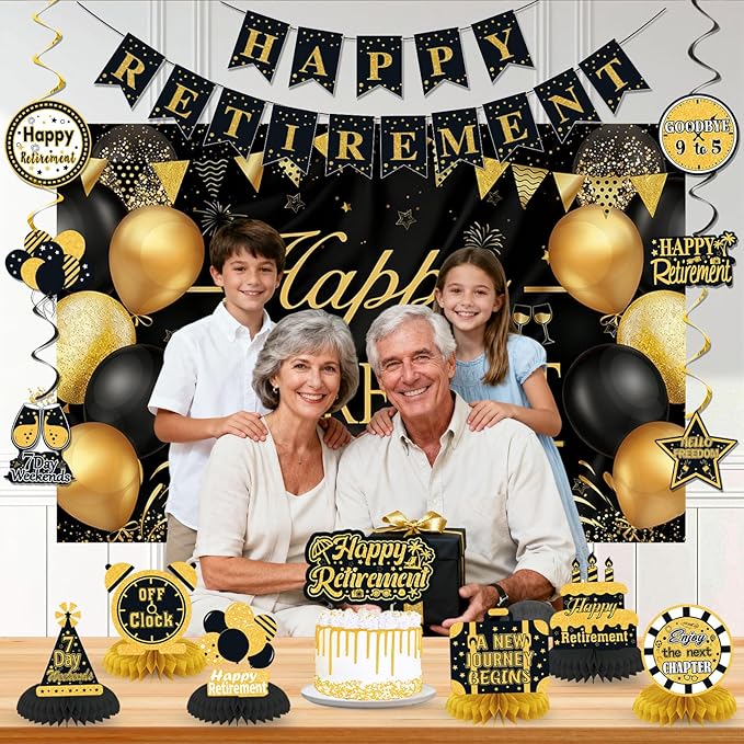 Retirement Party Decorations for Men Women Black Gold Happy Retirement Banner Backdrop Honeycomb Centerpiece Cake Topper Hanging Swirl Set