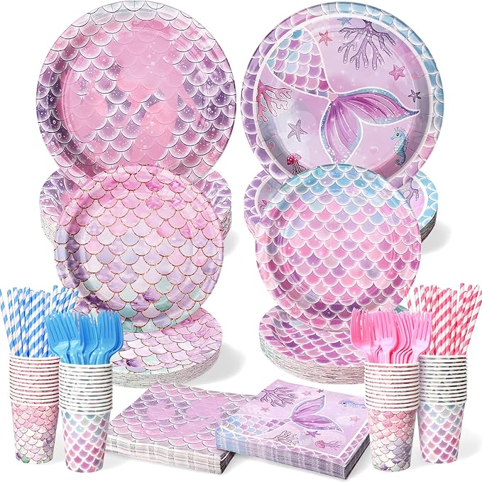 300Pcs Mermaid Plates and Napkins Tableware Sets (Serve 50), Mermaid Party Supplies (Blending 2 Designs ), Including Plates Napkins Cups Straws and Forks, Party Decorations