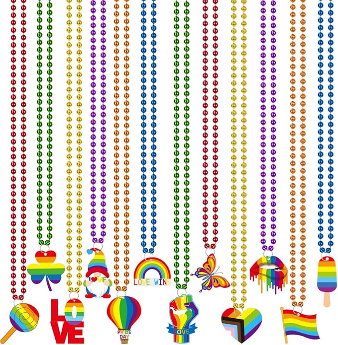 NOVWANG 24 Pcs Pride Beads Necklace 12 Styles Rainbow Beads Necklaces Multi Colors Necklaces for LGBT Parade Decorations Pride Party Favors