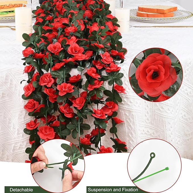 MARTINE MALL Flower Garland Vines, 12 Strands 99Ft for Bedroom, Rose Decoration, Floral Garland for Room Table Christmas Birthday Wedding Party Garden Wall Decor