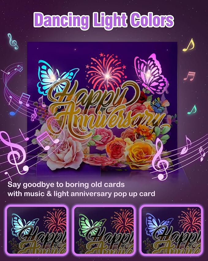 FaCraft Anniversary Card - 3D Pop Up Happy Anniversary Cards for Wife Husband, Music & Light Wedding Anniversary Card for Him Her, with Blank Insert Envelope and Seal (Roses Butterflies Theme)