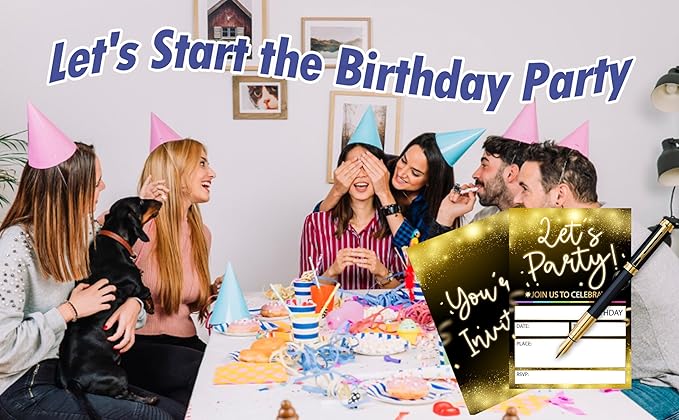 CLIRBE Let's Party Birthday Party Invitations, Golden And Black Invited Birthday Invitations For Teen Boys Girls, 20 Invites Cards With 20 Envelopes, Party Supplies Favors -H13