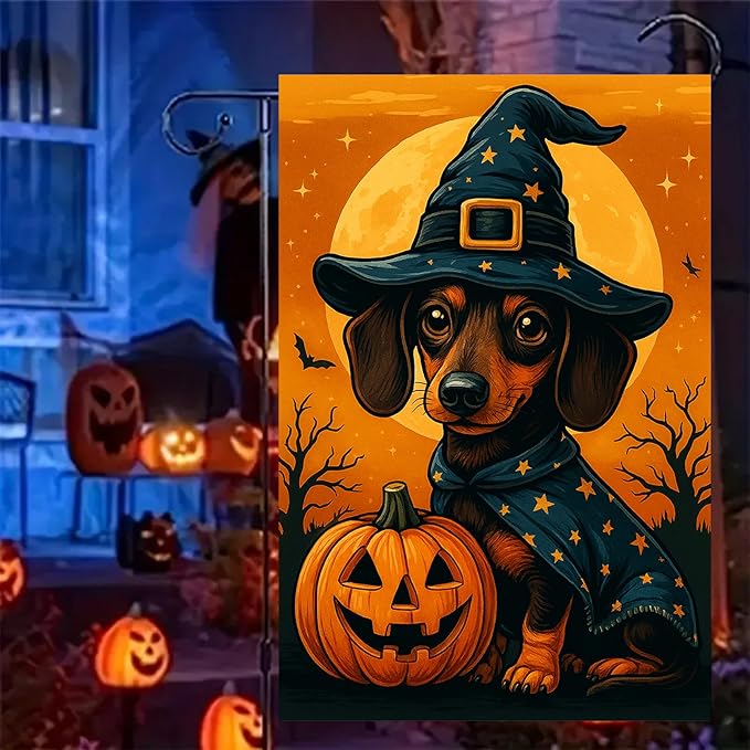 Halloween Garden Flag Dachshund Dog Pumpkin Witch Hat Double Sided 12x18 Inch Cute Fall Garden Flag Outdoor Yard Lawn Decor Trick Or Treat Banner Autumn Porch Decoration Spooky Holiday Sign