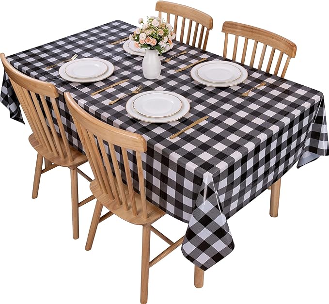 Kesfey 3 Packs Black Gingham Tablecloths 54 x 108 inch Black and White Checkered Tablecloth Disposable Plastic Plaid Picnic Tablecover Waterproof Fall Checkered Table Cloth for Camping Halloween Party