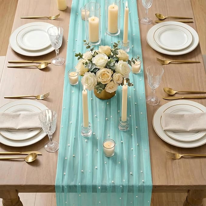 Artoid Mode Pearl Turquoise Gauze Table Runner 120 Inch 10FT, Seasonal Sheer Dining Holiday Wedding Birthday Baby Shower Table Decor for Home Party