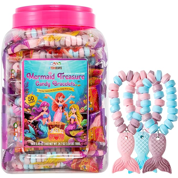 50 Mermaid Candy Bracelets with Two-Tone Mermaid Tail Charms, Great for Little Mermaid Party Favors and Goodie Bags, Ocean & Ariel-Themed Party Treats, Bulk Pack by 4YoreElves