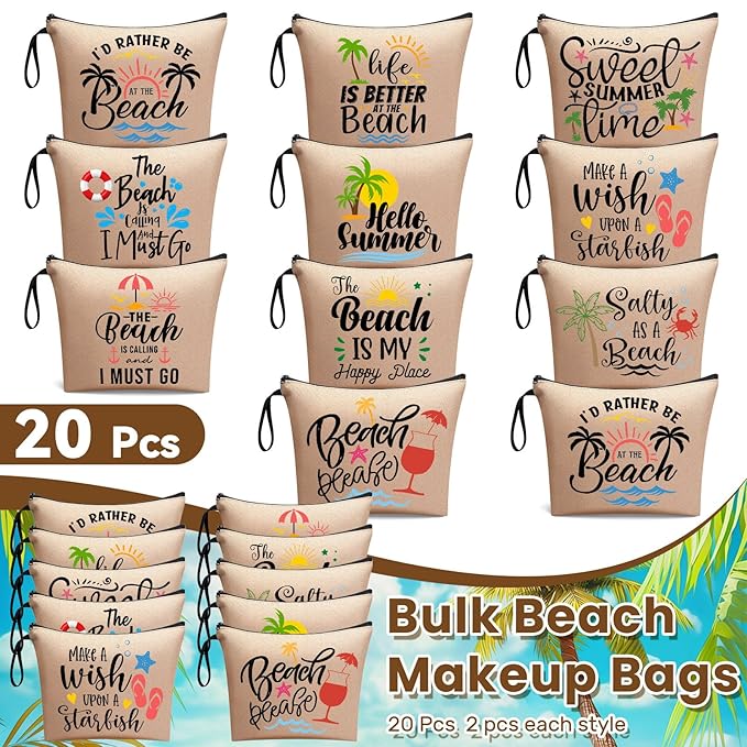 20 Pcs Bulk Beach Makeup Bags - Summer Beach Accessories Toiletry Cosmetic Pouch Zipper Bags, Cruise Travel Survival Kit Gifts Party Favors for Women Teens Clients Friends