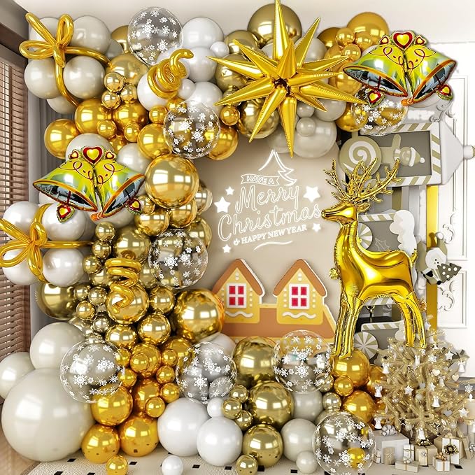 Christmas Party Decorations Xmas Balloon Arch Kit 121pcs White Gold Snowflakes Balloon with Metallic Light Gold Balloons Beige Gold Star Reindeer Deer Bell Foil Christmas Mylar Balloons for New Year