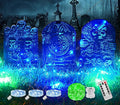 3 Pcs Halloween Tombstones Decoration with Green Remote Lights, Blue Lights, Plastic RIP Grave Yard Signs Outdoor Garden Party Decor