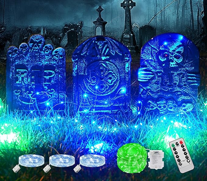 3 Pcs Halloween Tombstones Decoration with Green Remote Lights, Blue Lights, Plastic RIP Grave Yard Signs Outdoor Garden Party Decor