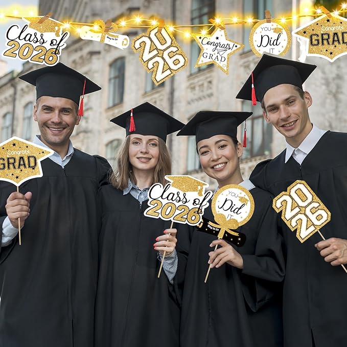 OuMuaMua Graduation Decorations Class of 2026-30pcs White and Gold Graduation Table Centerpieces Sticks Table Toppers with Lights for College High School Congrats Grad Party Supplies