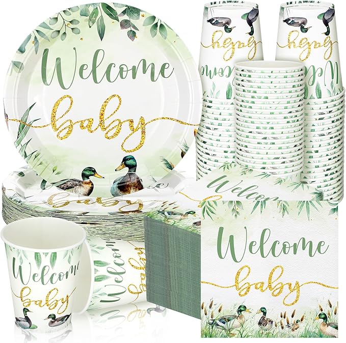 Hushee 200 Pcs Mallard Duck Baby Shower Paper Plates Napkins Cups Baby Shower Party Supplies Tableware Set Disposable Cup Napkin for 50 Guest Party Decoration