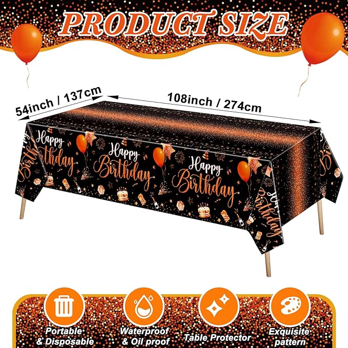 Tudomro 3 Pcs Happy Birthday Tablecloths Happy Birthday Party Decorations Plastic Table Cover Rectangular Cloths for Women Men Baby Shower Party Supplies, 108 x 54 Inch (Black Orange)