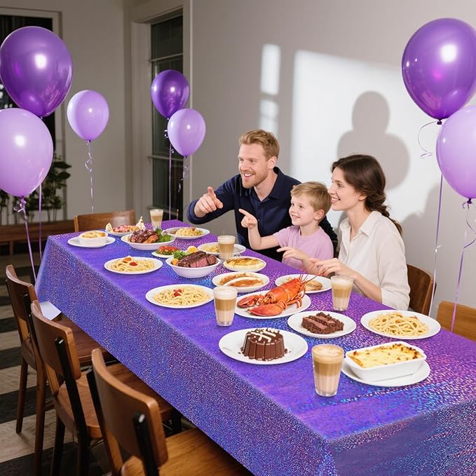 2Pcs Blue & 2Pcs Purple Holographic Tablecloths Rectangular Blue and Purple Iridescent Shimmer Metallic Table Covers for Under The Sea Ocean Mermaid Anniversary Party Supplies, 54 x 108inch