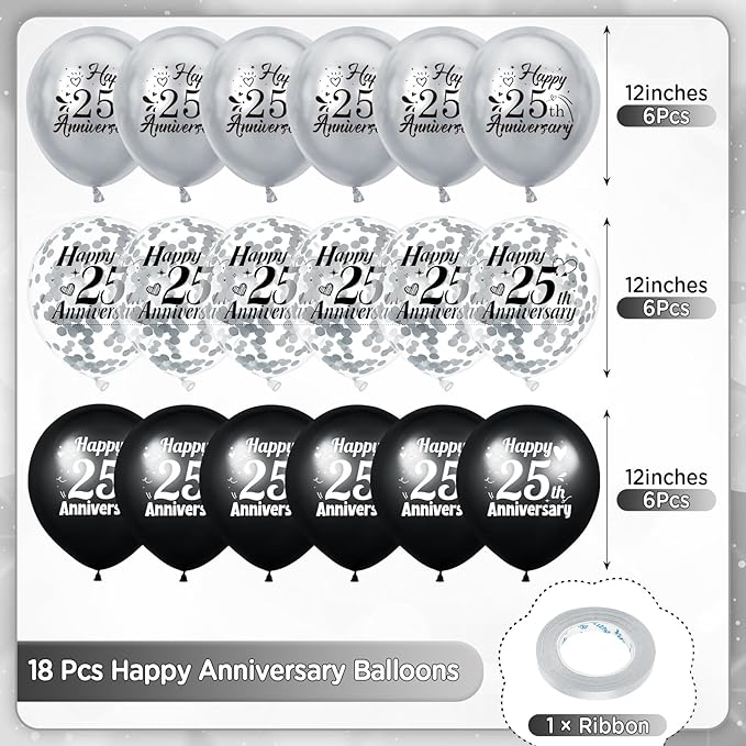 25th Anniversary Balloons 18Pcs Black Silver Party Decorations for Women Men - 12Inch Happy Confetti Latex Balloons for Indoor Outdoor Party Supplies