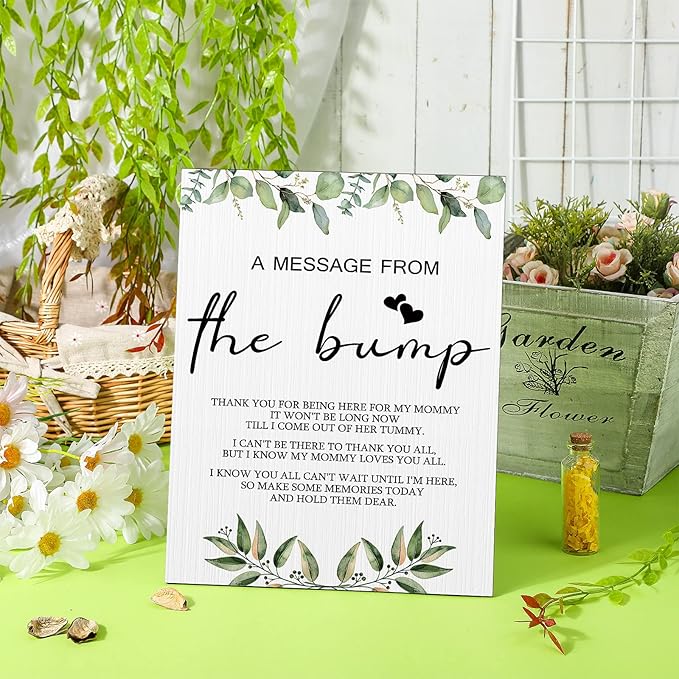 Roowest Cool Baby Shower Tabletop Decoration a Message from the Bump Wooden Baby Shower Games Sign Greenery Cute Gender Reveal Party Thank You Sign, 11.2 x 8.66 Inches(Greenery)