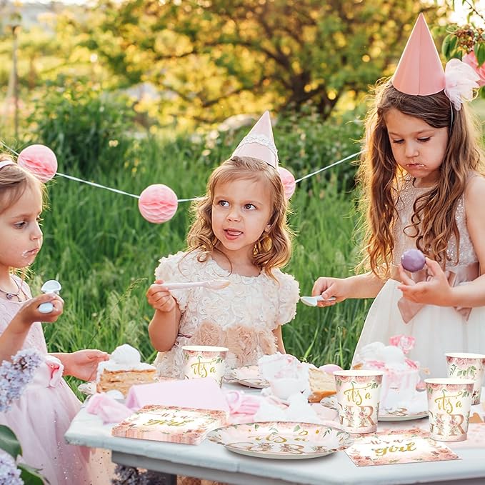 200 Pcs Floral Baby Shower Paper Plates Napkins Cups Baby Shower Party Supplies Tableware Set Rose Gold Disposable Cup Napkin for 50 Guest Girls Spring Party Decoration