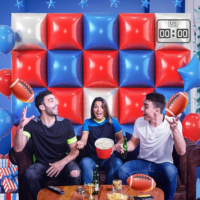 Blue Red Square Balloon Foil, 25PCS Double Sided Royal Blue Red and Metallic Silver Square Foil Balloon Backdrop Wall for 4th of July Independence Day Memorial Day Baseball Sport Birthdays Graduation