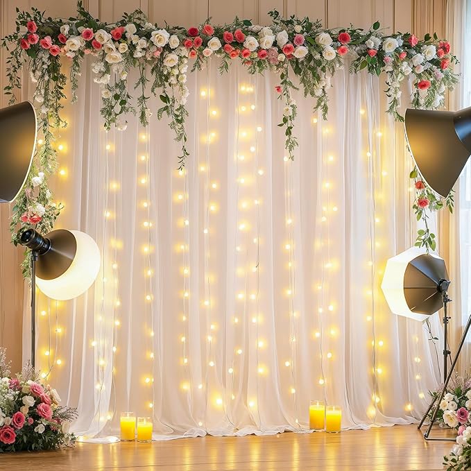10x10FT White Wrinkle Free Backdrop Curtains with Lights String for Parties - Photo Curtain Backdrop with Lights for Wedding Decorations, Bridal Baby Shower Birthday Party Photography Background