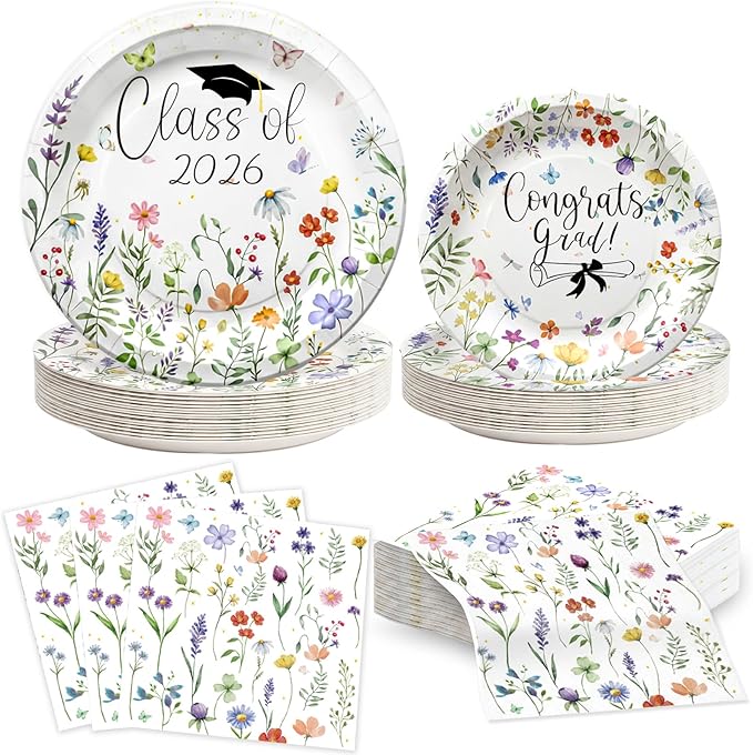 2026 Graduation Party Decoration Plates Set, Wildflower Graduation Disposable Paper Plates & Napkins, Class of 2026 Dessert Floral Dinnerware Set for Congrats Grad Spring Birthday Party Decor