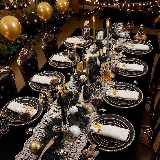 175PCS Black and Gold Plates - Black Disposable Plates for Party - 25Guests Disposable Dinnerware Set for Graduation Wedding Party Birthday