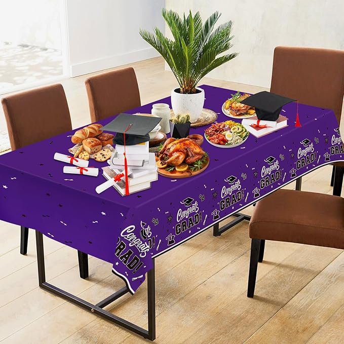 2 Pack Graduation Tablecloth - Congrats Grad Table Cloths, Plastic Disposable Rectangle Purple Class of 2026 Table Cover for Graduation Tables Decorations Party Decor Supplies Favors,108 x 54 Inch
