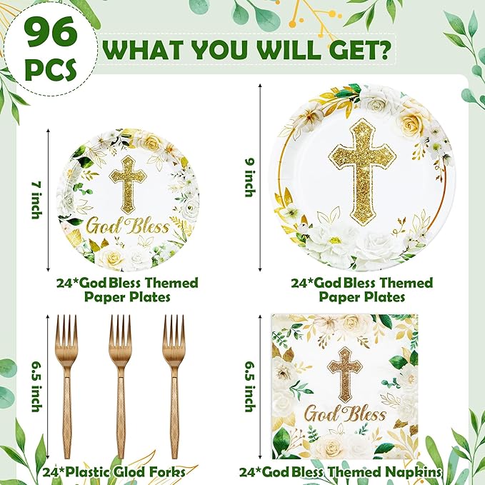 God Bless Flower First Holy Communion Baptism Floral Religious Mi Bautizo Party Plates Supplies - Serves 24-96Pcs Tableware Decorations Disposable Paper Plates Napkins Forks for Birthday