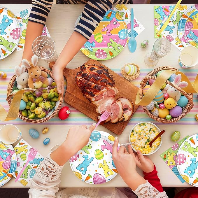 168PCS Easter Party Supplies Watercolor Bunny Carrot Pastel Design Party Decorations Easter Paper Plates Napkins Cups and Forks for Brunch Egg Hunt Spring Holiday Celebrations Serves 24