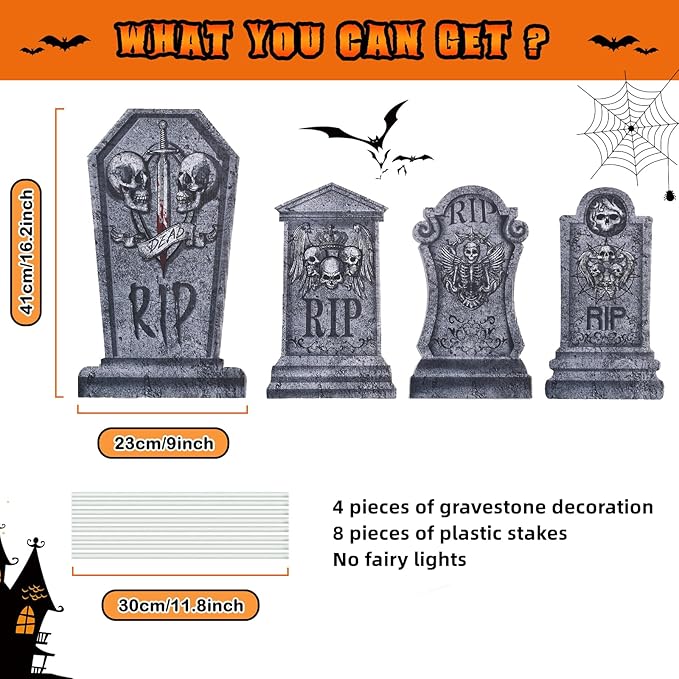 4 Pcs 16.2" Halloween Tombstones Yard Signs Decoration, Plastic Gravestones RIP Grave Decor with 8 Stakes for Grave, Outdoor Garden, Party Decor(Without Lights)