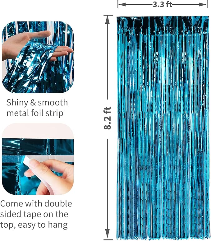 4 Pack Baby Blue Foil Fringe Curtains Door Streamers Party Decorations 3.3 x 8.2 ft, Tinsel Curtain Fringe Backdrop for Parties, Door Fringe Birthday Streamers, Photo Booth Backdrops, Party Decor