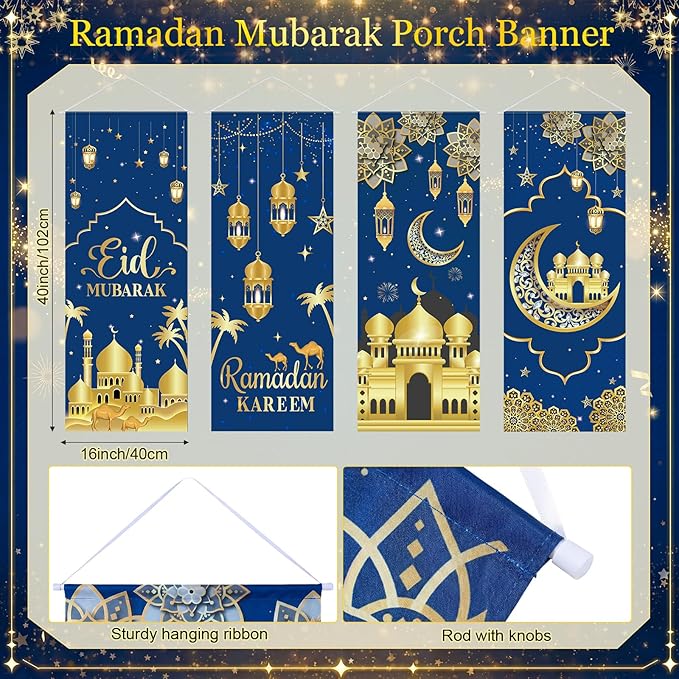 Panelee 4 Pcs Ramadan Mubarak Porch Sign Banners Blue Gold Eid Mubarak Decorations Muslim Ramadan Kareem Door Banner Backdrop for Home Doorway Indoor Outdoor Wall Hanging Decor