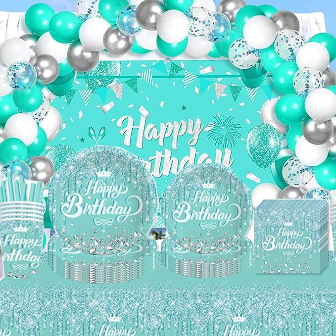 Teal and Silver Party Tableware - Complete Pack for Birthday, Baby Shower Party Including Plates, Cups, Napkins, Straws