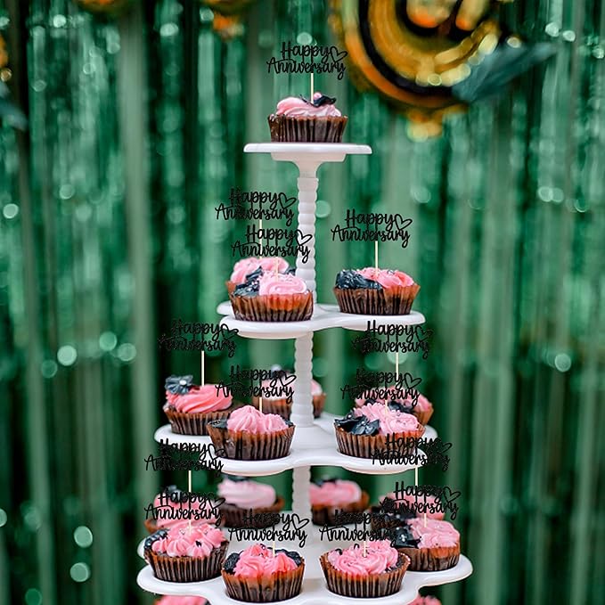 24 PCS Happy Anniversary Cupcake Toppers Glitter Wedding Anniversary Cupcake Picks Decorations for Wedding Anniversary Birthday Party Supplies Black