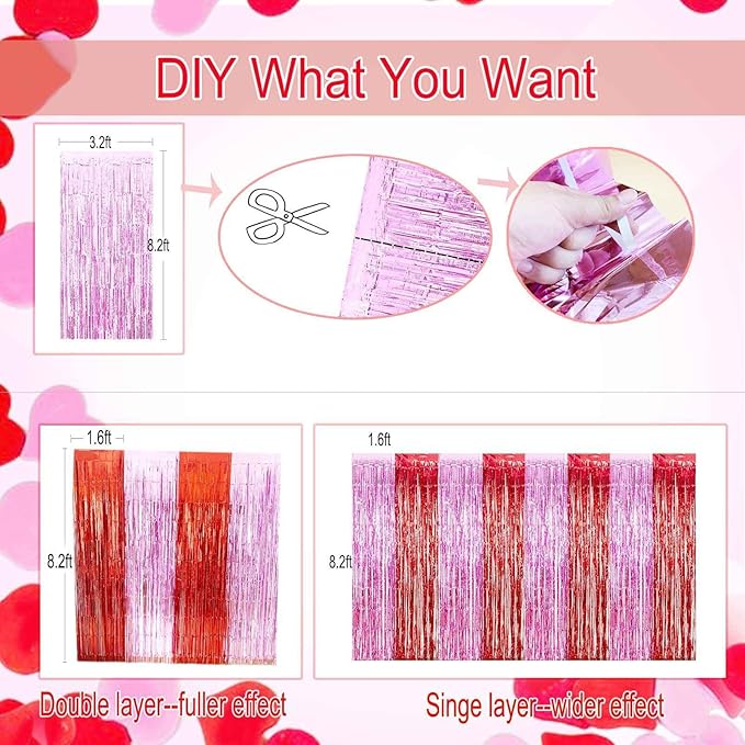 Valentines Day Decorations - 4 Pack of 3.2x8.2ft Red Pink Foil Fringe Curtains Streamers Backdrop for Birthday Valentines Day Decor