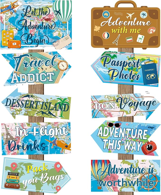 20 Pieces Travel Party Signs Travel Themed Party Decorations Let The Adventure Begin Sign Around the World Decorations Bon Voyage Party Wall Door Porch Yard Sign Travel Party Supplies