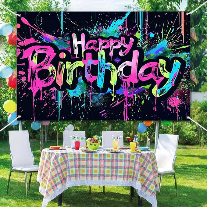 Neon Happy Birthday Banner 120x84 inch Photography Backdrops Party Background Decorations Colorful Graffiti Splash Paint KidsBirthday Supplies Glow in The Dark