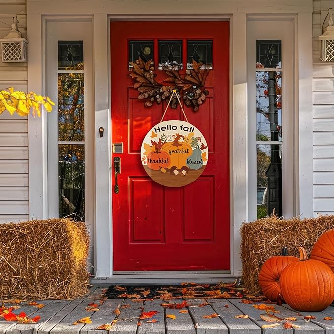 Thanksgiving Decorations - Welcome Sign for Front Door,Rustic Round Wood Wreaths for Outdoor,Maple Leaves Garland Porch Decor for Thanksgiving Friendsgiving - Fall Decor for Room Kitchen Wall
