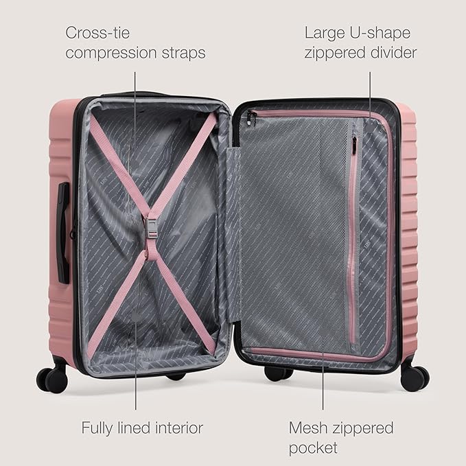 U.S. Traveler Boren Expandable Hardside Rugged Travel Luggage with 8 Spinner Wheels, Rose Pink, Checked-Medium 26-Inch