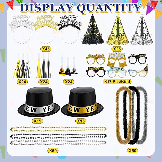 402 Pcs 2026 New Year's Eve Party Supplies for 100 Guests Includes Top Hats Cone Hats Tiaras Glasses Horns Squawkers Blowouts Bead Necklaces Lei Necklace Happy New Year
