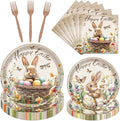 Rakuto Easter Plates and Napkins Disposable Decorations, 96PCS Happy Easter Bunny Eggs Paper Plates Napkins Forks Party Decoration, Rabbit Flower Themed Decor for Spring Celebrations Picnic Serve 24