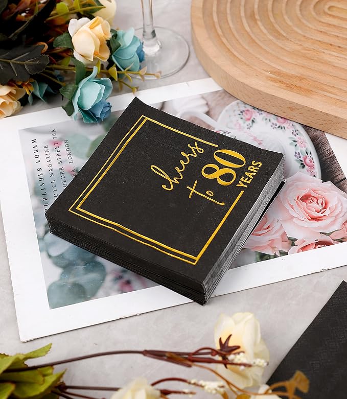 Cheers to Years Cocktail Napkins - 50 PK - 3-Ply Birthday Napkins 5x5 Inches Disposable Party Napkins Beverage Paper Napkins or Birthday Decorations Wedding Anniversary Black and Gold (80 Years)
