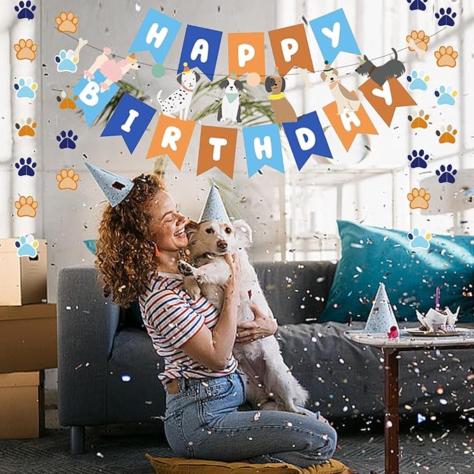 Orange Blue Dog Paw Happy Birthday Dog Themed Banner for Party Decorations for Boys Girls DIY Party Supplies (Orange Blue Banner)