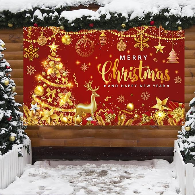 Red Gold Christmas Backdrop - Merry Christmas Banner for Xmas New Years Eve Party Decorations, 71x43inch