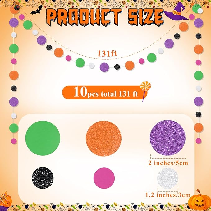 Outus 10 Pieces Orange,Black,Purple,Green,White Round Dots Garland Easter Graduation Party Hanging Decor Each Length 13.1ft Glitter Paper Dot Streamers for Birthday Wedding Classroom