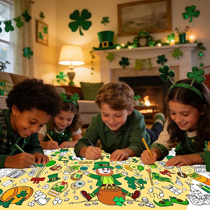 St Patricks Day Giant Coloring Poster for Kids,30x72Inch St Patricks Day Crafts Drawing Paper Coloring Tablecloth DIY Art Crafts Mat for Kids Party Clover Themed Activity Home Classroom Party Suppiles