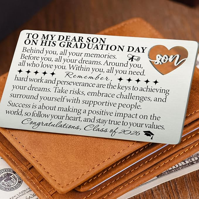 Graduation Wallet Card for Son from Mom, Class of 2026 Laser-Engraved Stainless Steel Insert with Heart Cutout, Inspirational Postcard Keepsake, Graduation Day Gift for Him High School College QBK13