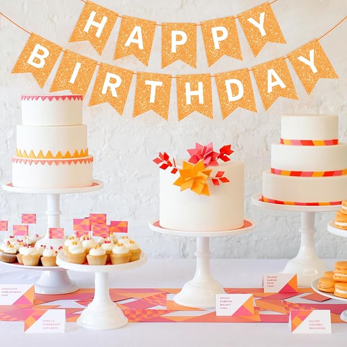 Orange Happy Birthday Banner Birthday Sign for Backdrop Happy Birthday Garland for Kids Girls Women Orange Birthday Tea Party Decorations Bunting Banner Birthday Party Supplies