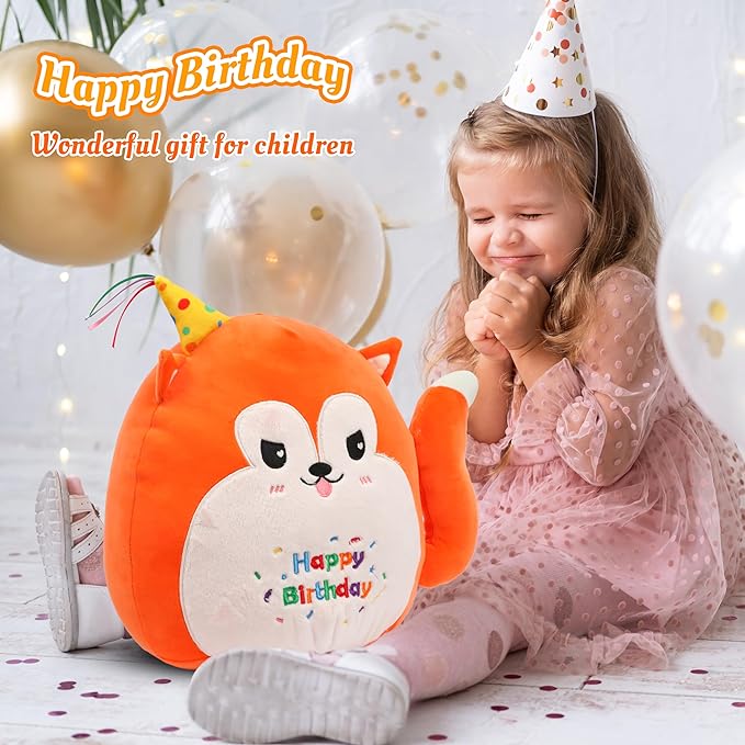 Easfan 12’’ Birthday Fox Plush Pillow Soft Fox Plush Toy Cute Fox Stuffed Animal Home Room Decoration Birthday Gift for Kids Adults,Orange, EF0087_Fox