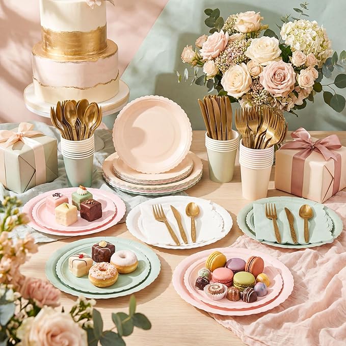 Zhehao 175 Pcs Pink and Sage Green Style Party Supplies Set Pink and Green Disposable Tableware Kit with Plates, Cups, Napkins, Cutlery in Natural Earth Tones for Baby Shower, Birthday