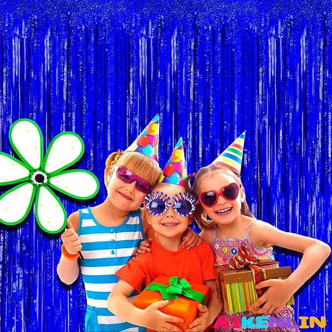 4 Pack 3.2Ft x 8.2Ft Blue Foil Fringe Curtain Backdrop, Metallic Tinsel Foil Fringe Streamers Curtains Background for Photo Booth, Birthday, Wedding, Disco, Bachelorette, Christmas Party Decoration